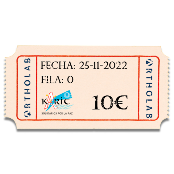 Entrada de color crema, con texto "Fila 0, fecha '25-11-2022'" y el logo de Karit, a un precio de 10€